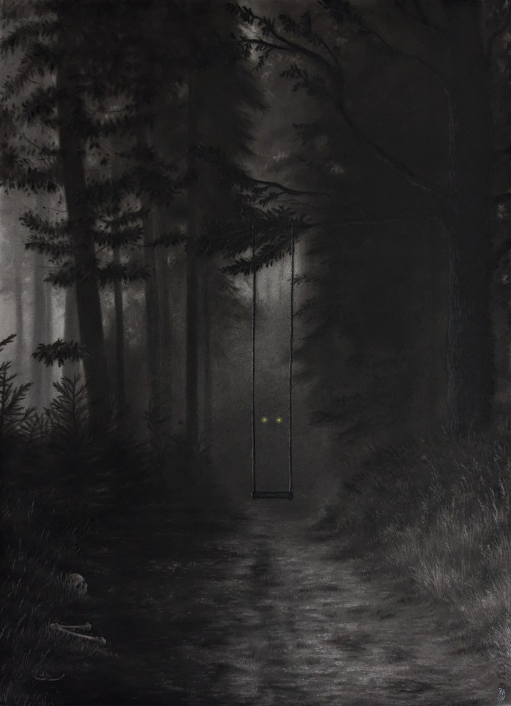 À travers la forêt mystérieuse, une balançoire oscille, écho d'enfances évanouies. Des ossements muets jalonnent le sentier brumeux où l'horreur danse avec l'inconnu. L'insouciance succombe alors aux pièges d'un abominable traqueur tapi dans l'ombre...